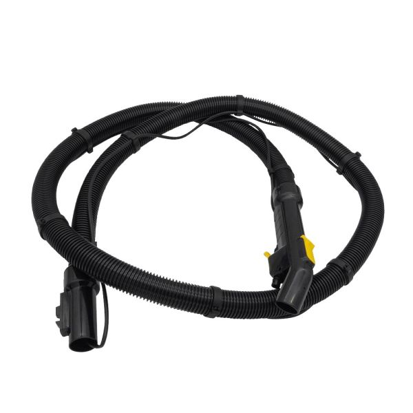 Tubo di aspirazione, diametro 38 mm, lunghezza 2,5 m, con manico e pulsante giallo.