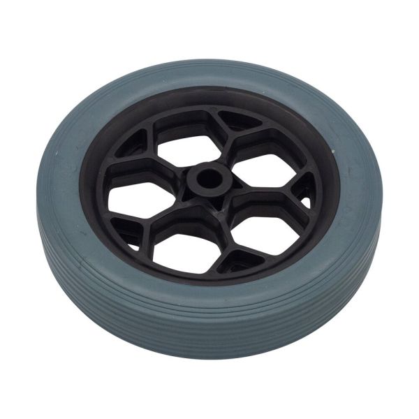 Ruota per Rotador Spray Vac, con gomma grigia e nucleo in plastica nera, raggi esagonali.