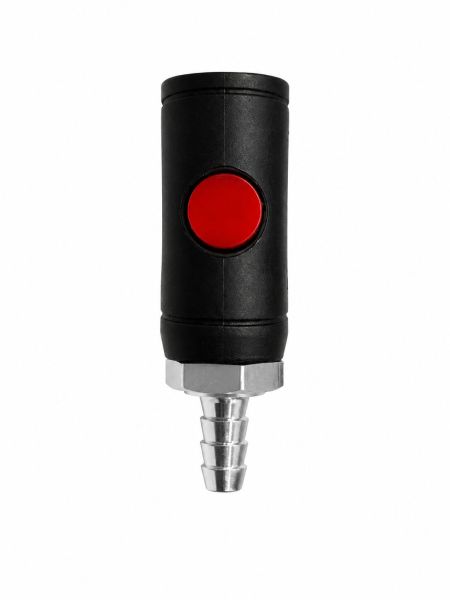 Black safety quick coupler with red release button and hose barb