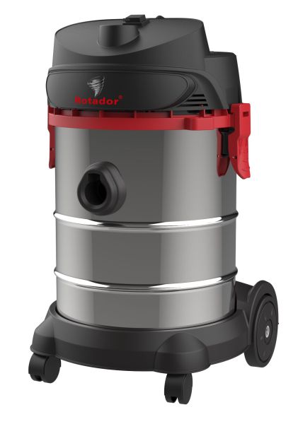 Nat-/droogzuiger met 30 L roestvrijstalen tank en 1200 W vermogen, uitgerust met wielen.