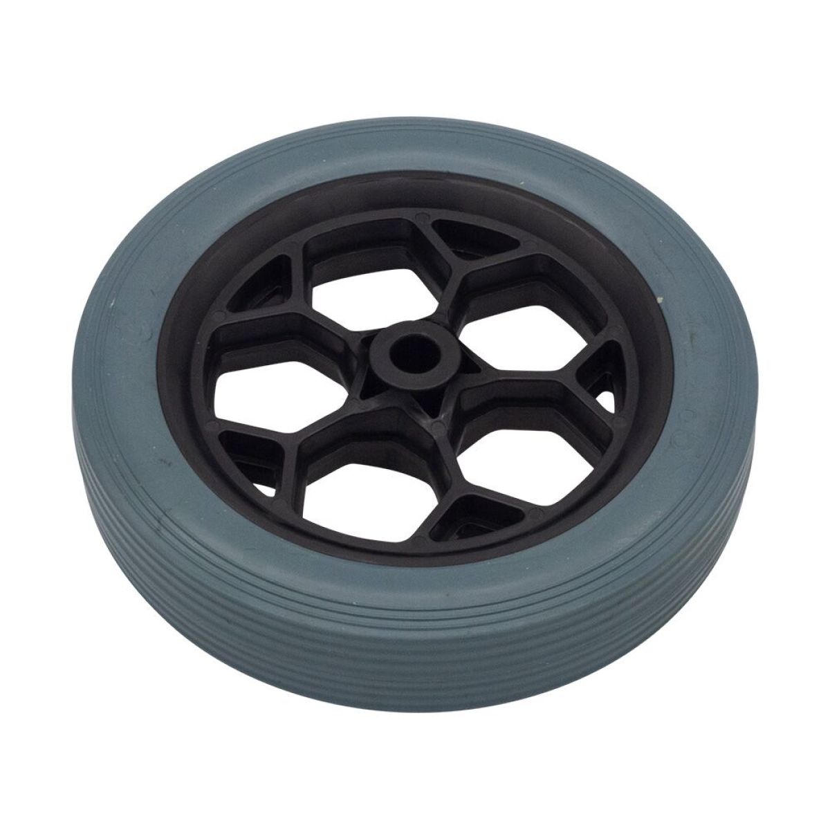 Ruota per Rotador Spray Vac, con gomma grigia e nucleo in plastica nera, raggi esagonali.