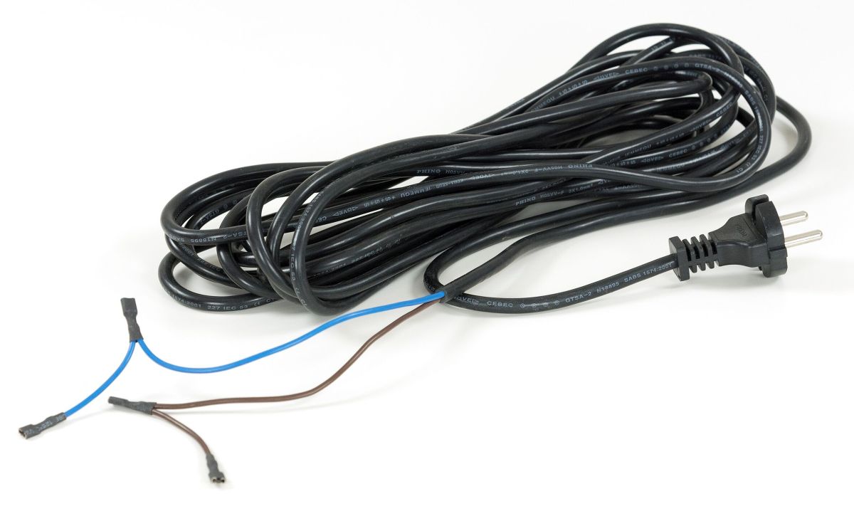 Zwart netsnoer met twee open draden, blauw en bruin, voor Rotador Spray Vac.