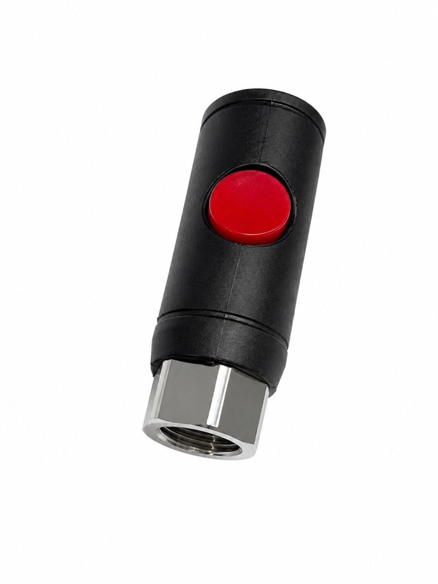 Innesto rapido di sicurezza nero con pulsante rosso e filettatura interna