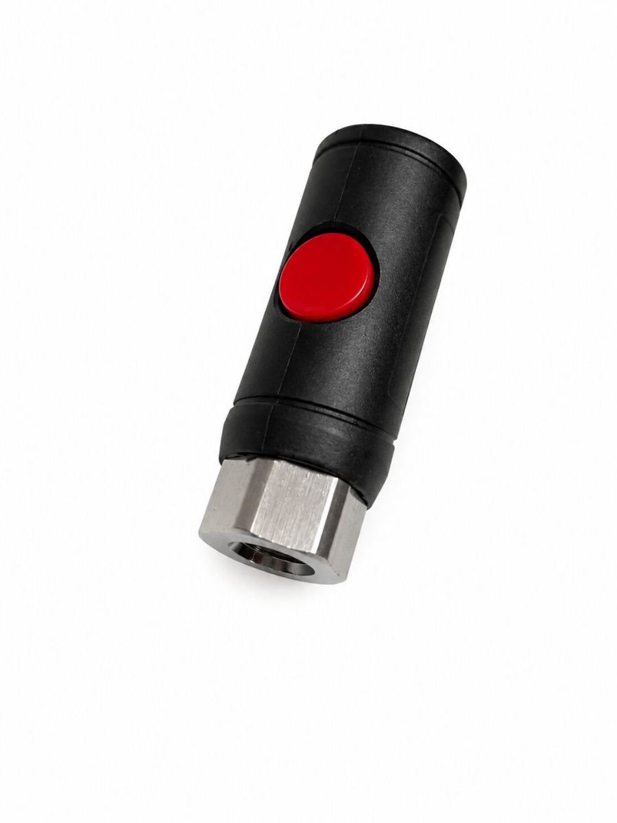 Svart säkerhetssnabbkoppling med röd knapp och innergänga