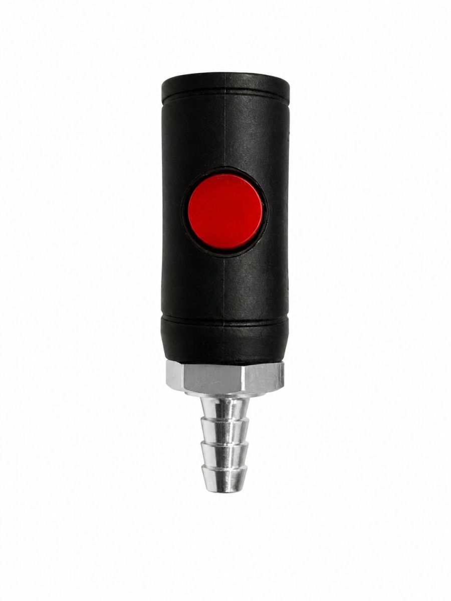 Black safety quick coupler with red release button and hose barb