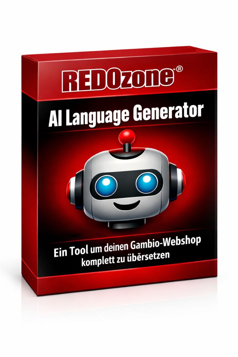 Produktverpackung "REDOzone AI Language Generator" mit Roboter-Grafik