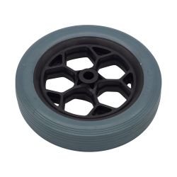 Ruota per Rotador Spray Vac, con gomma grigia e nucleo in plastica nera, raggi esagonali.