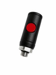 Innesto rapido di sicurezza nero con pulsante rosso e filettatura esterna