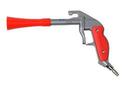 Graue Trockenreinigungspistole mit rotem Griff und Düse.